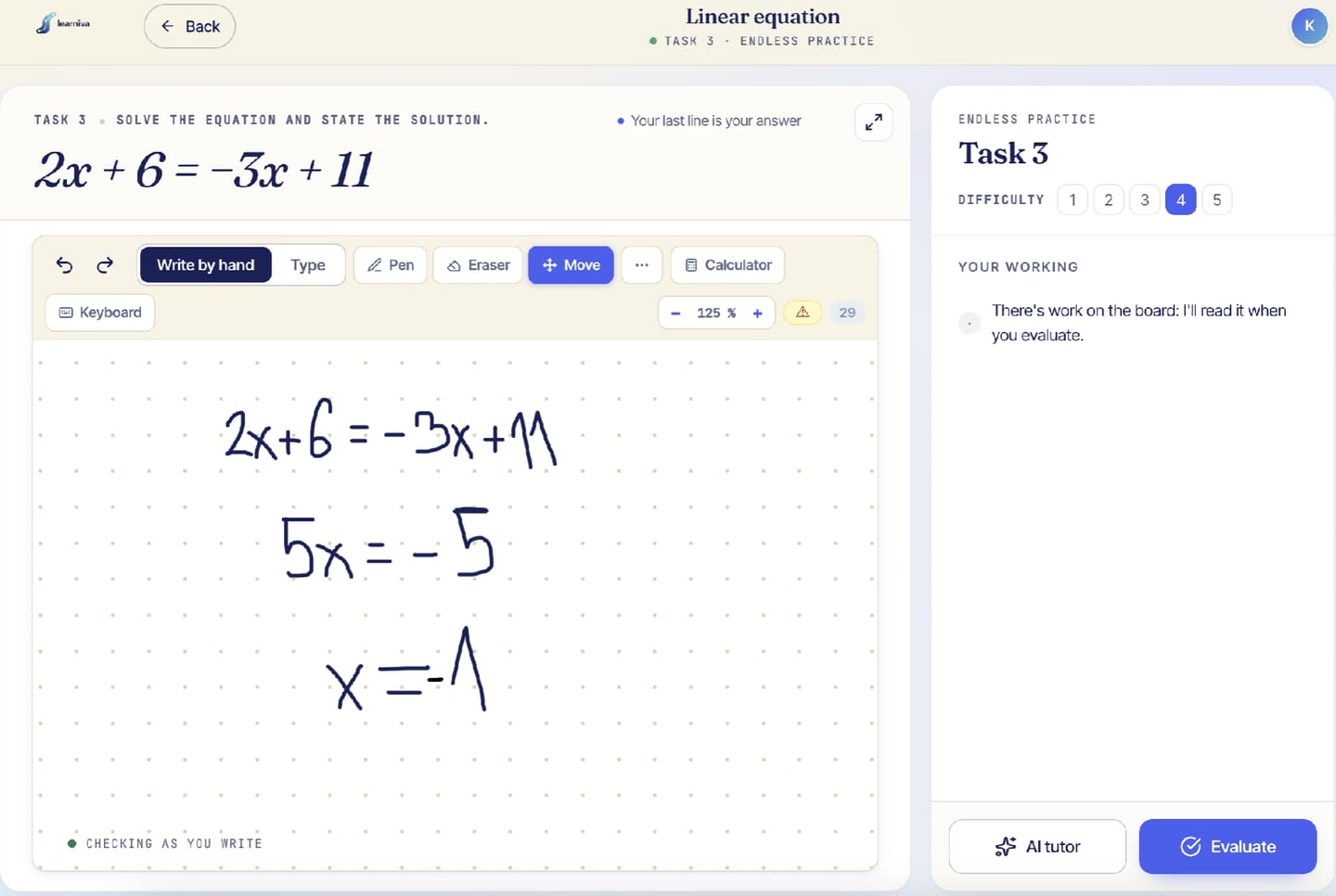 Learniva: a handwritten solution to a linear equation on the board