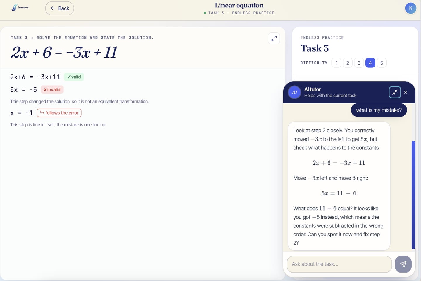 Learniva: the AI tutor explaining the mistake in line two of the equation